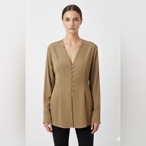 AEL Amy Enjoy Life Beige Long Sleeve Blouse Chic Button Front Shirt